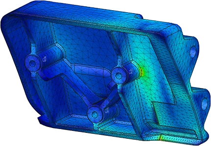 Jännitysanalyysi, kuljetuslaatikon saranan kiinnityslevy. 3D-tulostamalla valmistettu osa suunniteltiin korvaamaan hajonnut osa. Jännitysanalyysin tavoitteena oli kehittää osan kestävyyttä verrattuna alkuperäiseen.